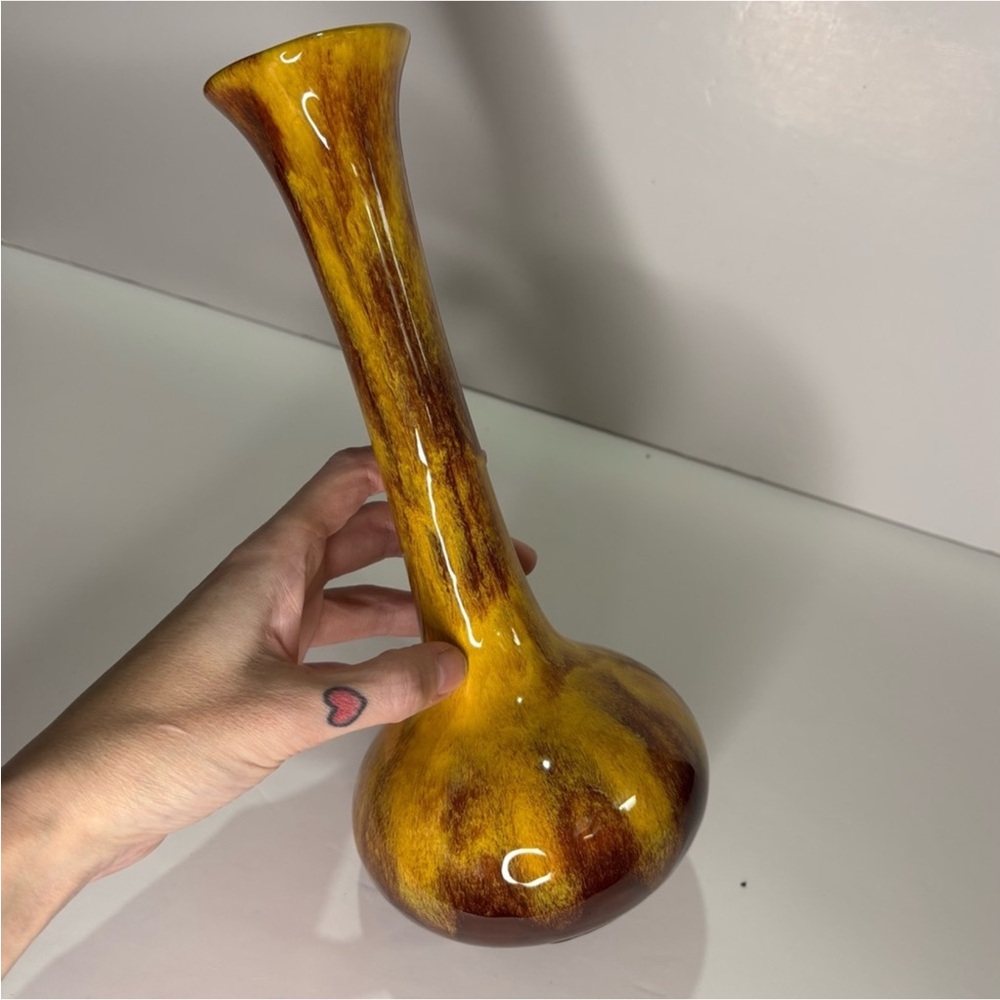 Vintage MCM Mid Century Modern Harvest gold 10.5” long neck bulb vase